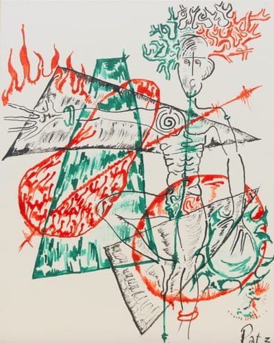Composition à l'encre : une silhouette longiligne se tient debout, la tête auréolée de rameaux verts et rouges. Elle traverse un enchevêtrement de triangles noirs, d'aplats verts hachurés et de deux grands disques rouges ; des flammes rouges montent à gauche et une spirale est tracée au centre du torse.